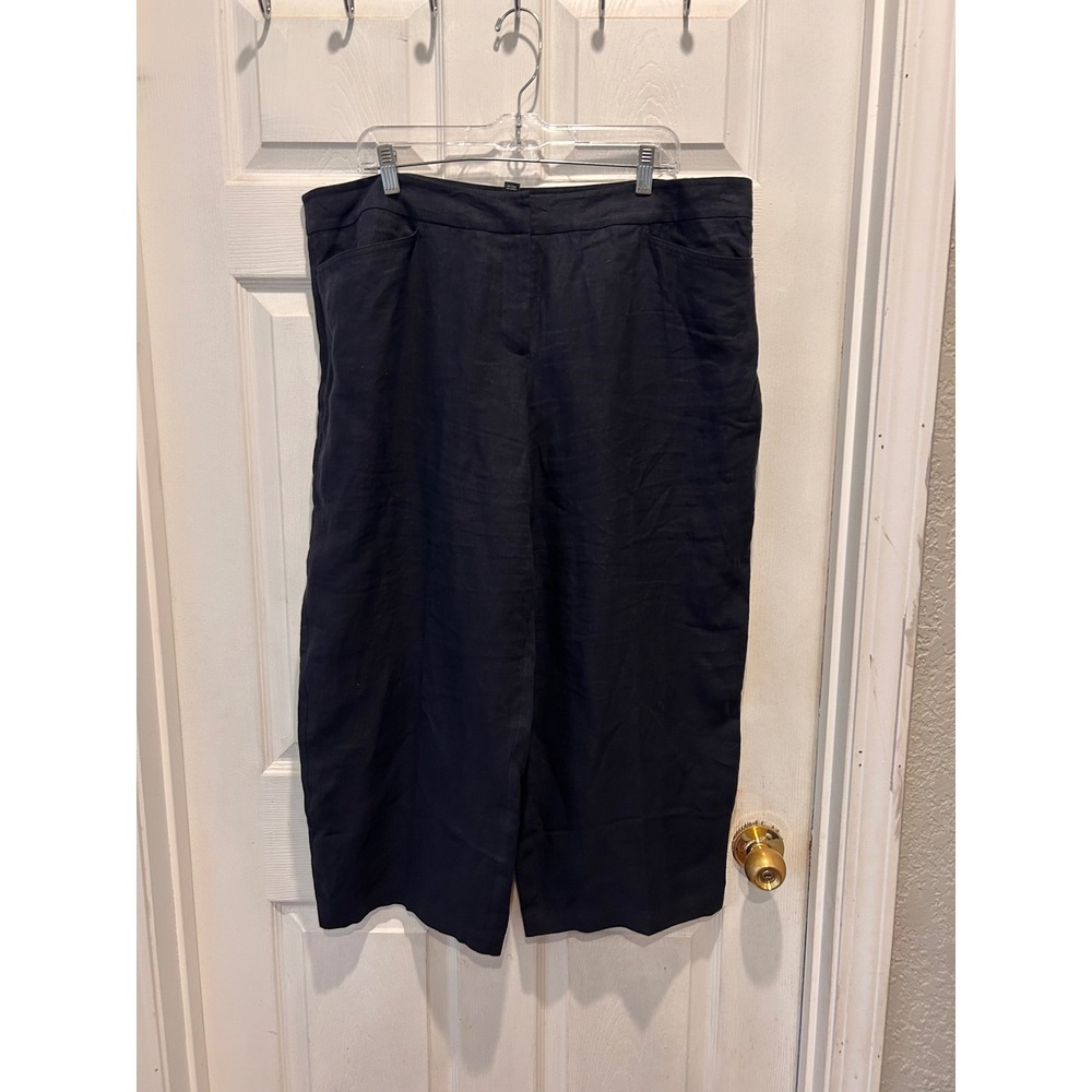 Eileen Fisher Navy Blue 100% Linen Wide Leg Cropped Pants Womens XL Lagenlook